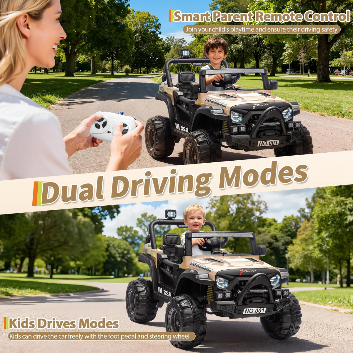 12V Kids Electric Ride-On Car – Parent Remote Control, 3 Speeds up to 4.1MPH, Spring Suspension, Seat Harness, Locking Doors, LED Headlights, wireless Music, Battery Powered Truck Toy