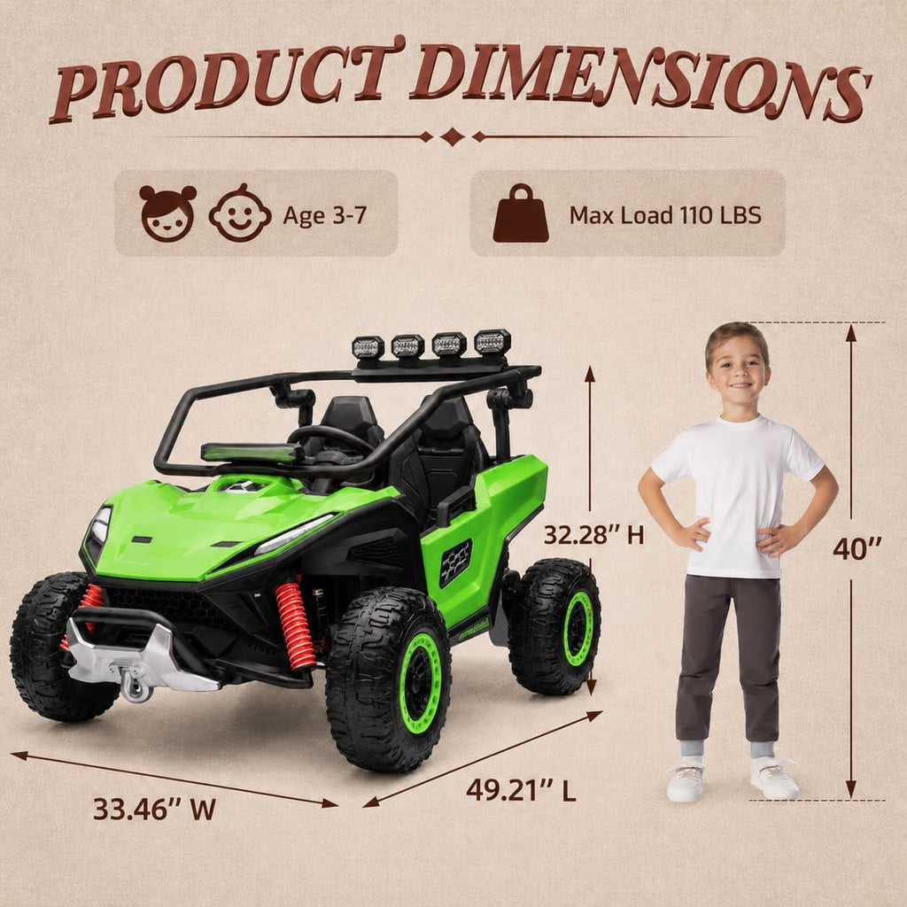 12V 2-Seater Electric UTV Ride-On Car, 4WD, Dual 40W Motors, 2.4G Parent Remote, 12V 7Ah Battery, 110 Lb Capacity,Green