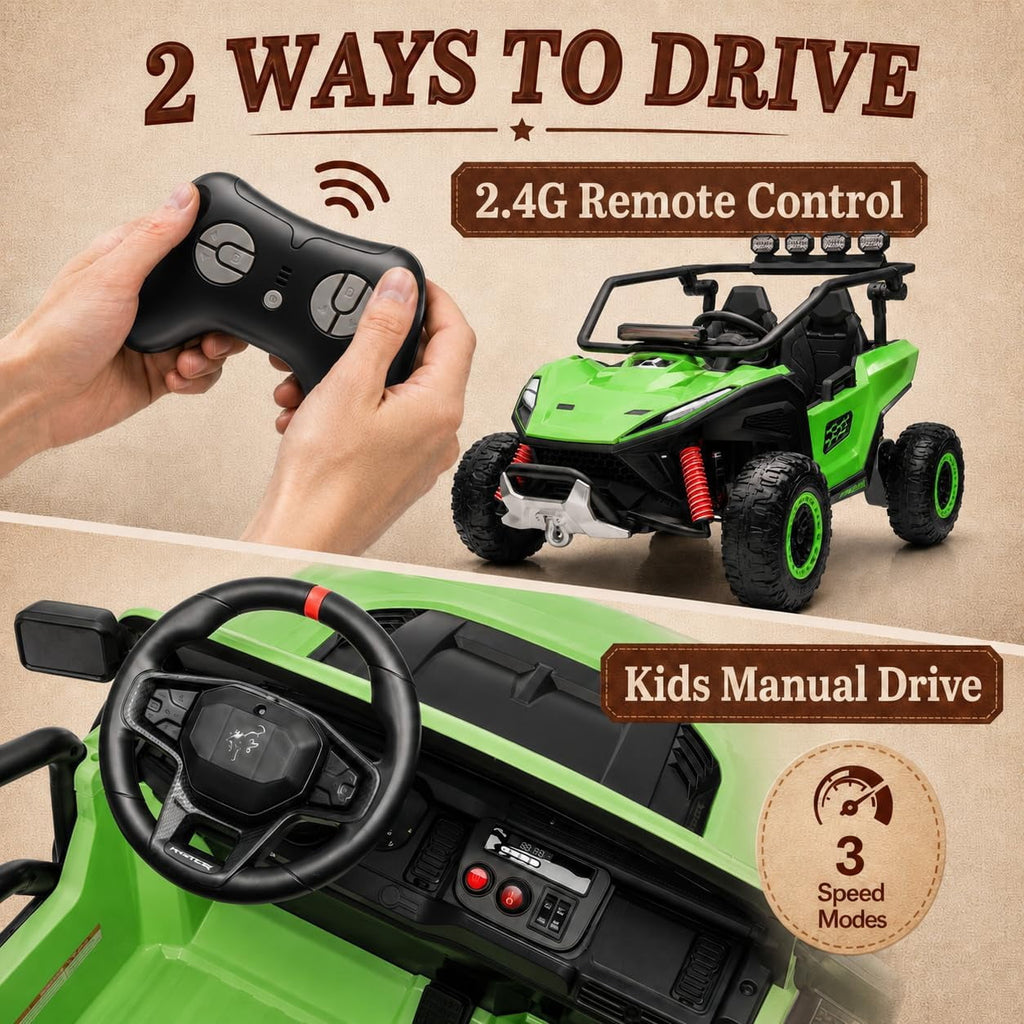 12V 2-Seater Electric UTV Ride-On Car, 4WD, Dual 40W Motors, 2.4G Parent Remote, 12V 7Ah Battery, 110 Lb Capacity,Green