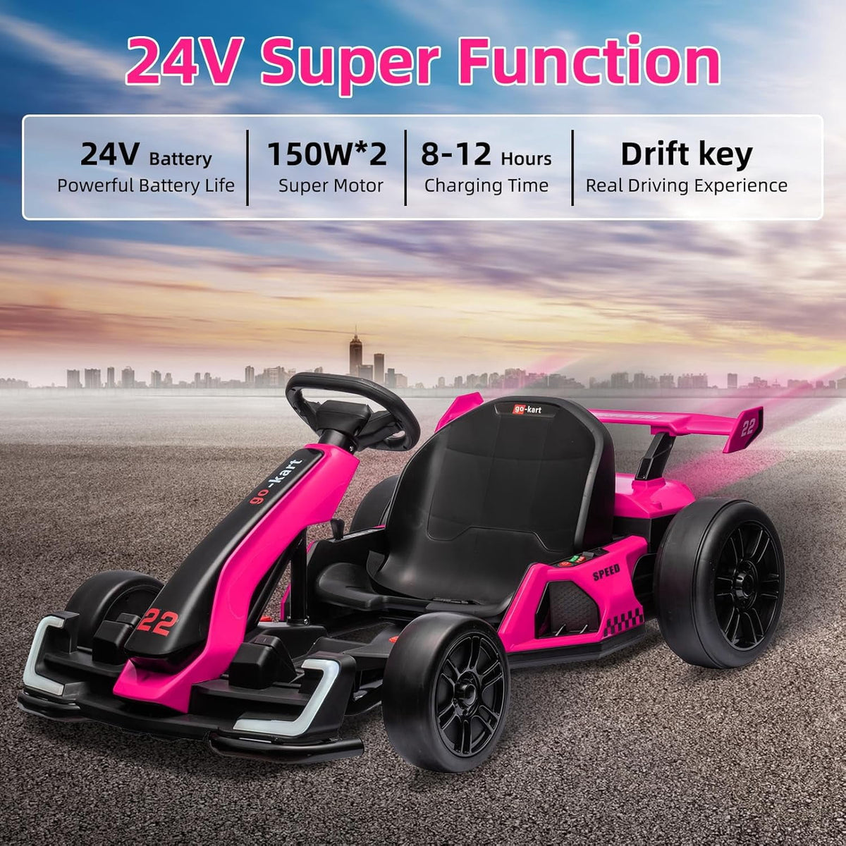 24V Electric Drift Go Kart, Dual 300W Motor Racing Car with Drift & Sport Modes, Adjustable Length, LED Lights, EVA Tires, Up to 8.5MPH, Outdoor Ride On Racing Kart,Rose Red