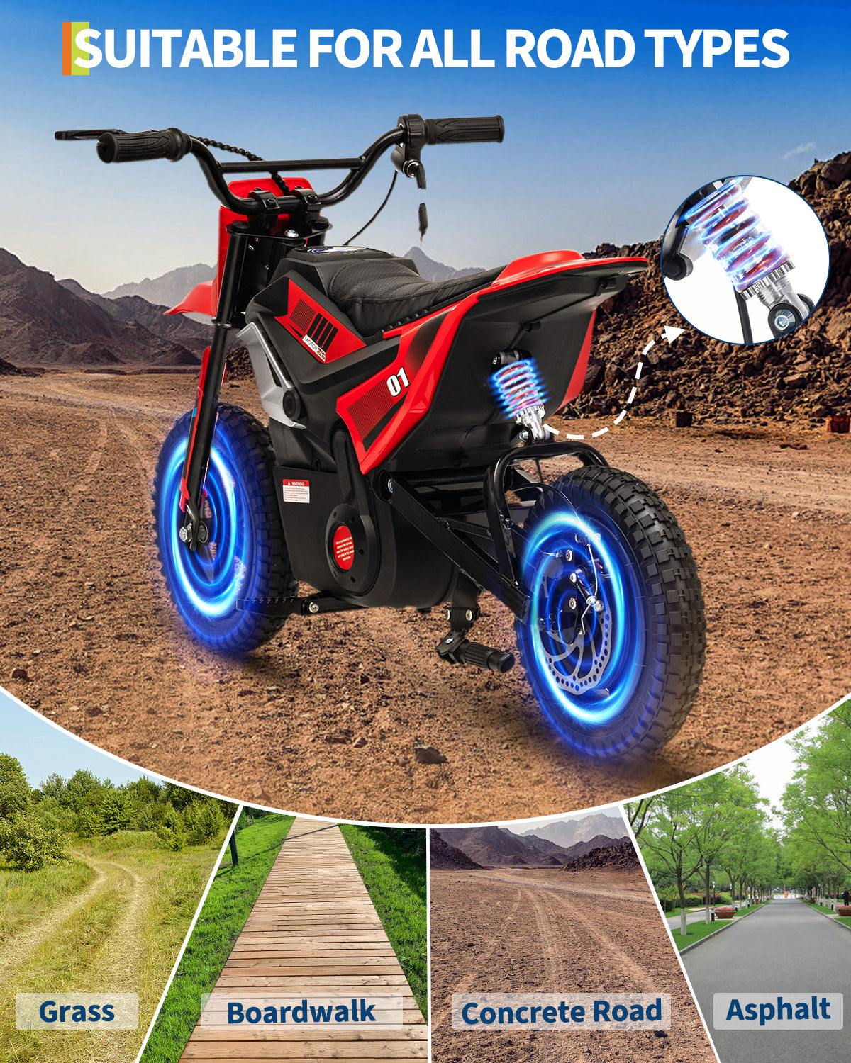 24V Kids Electric Dirt Bike, 350W Battery Powered Motorcycle with 12 Inch Fat Tires Rear Suspension Twist Throttle for Teens