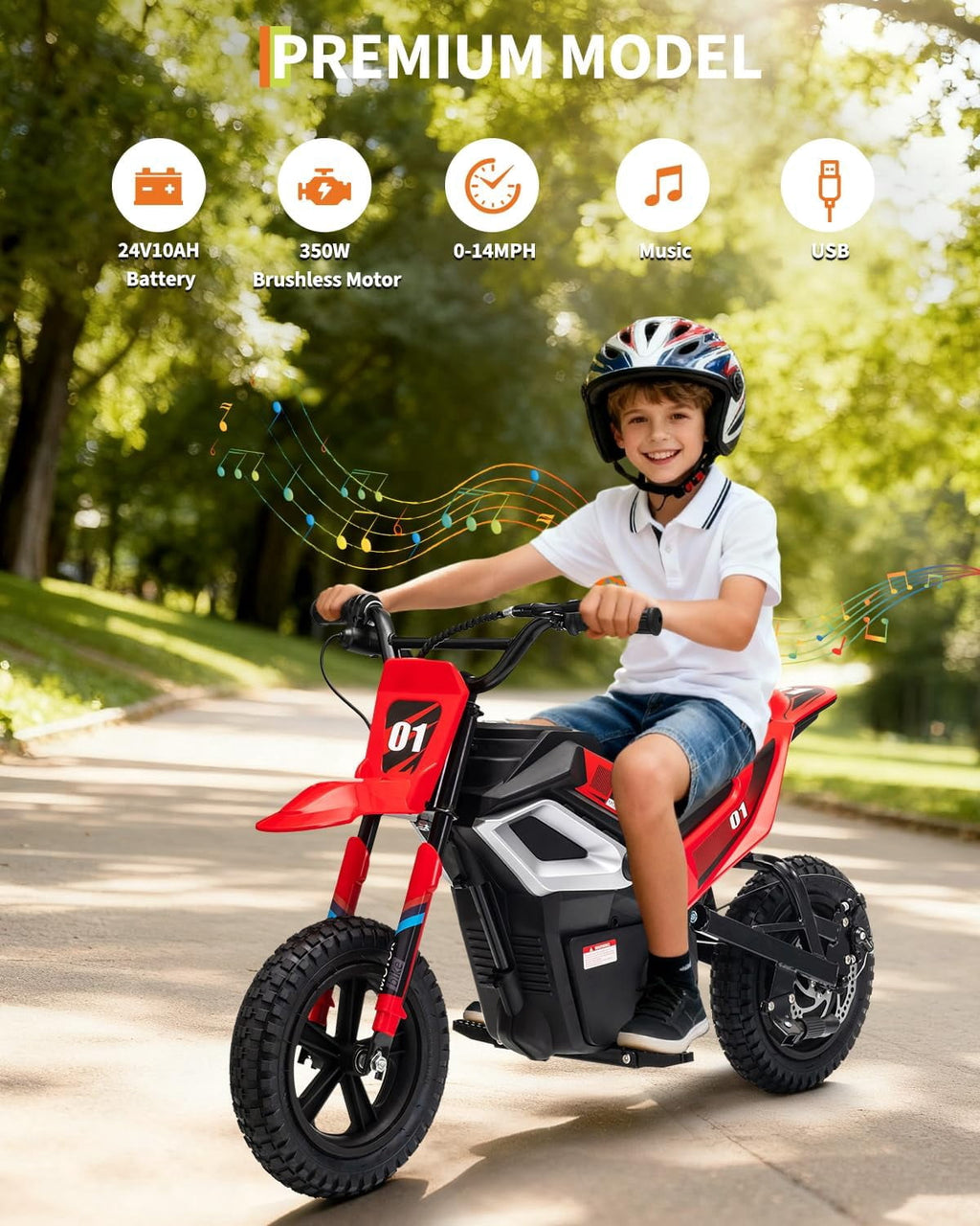 Fectiontool 24V Electric Ride-On Motorcycle, 350W Motor, 24V 7Ah Rechargeable Battery, Battery Powered Ride-On Bike, Energy-Efficient Charger Included,Red