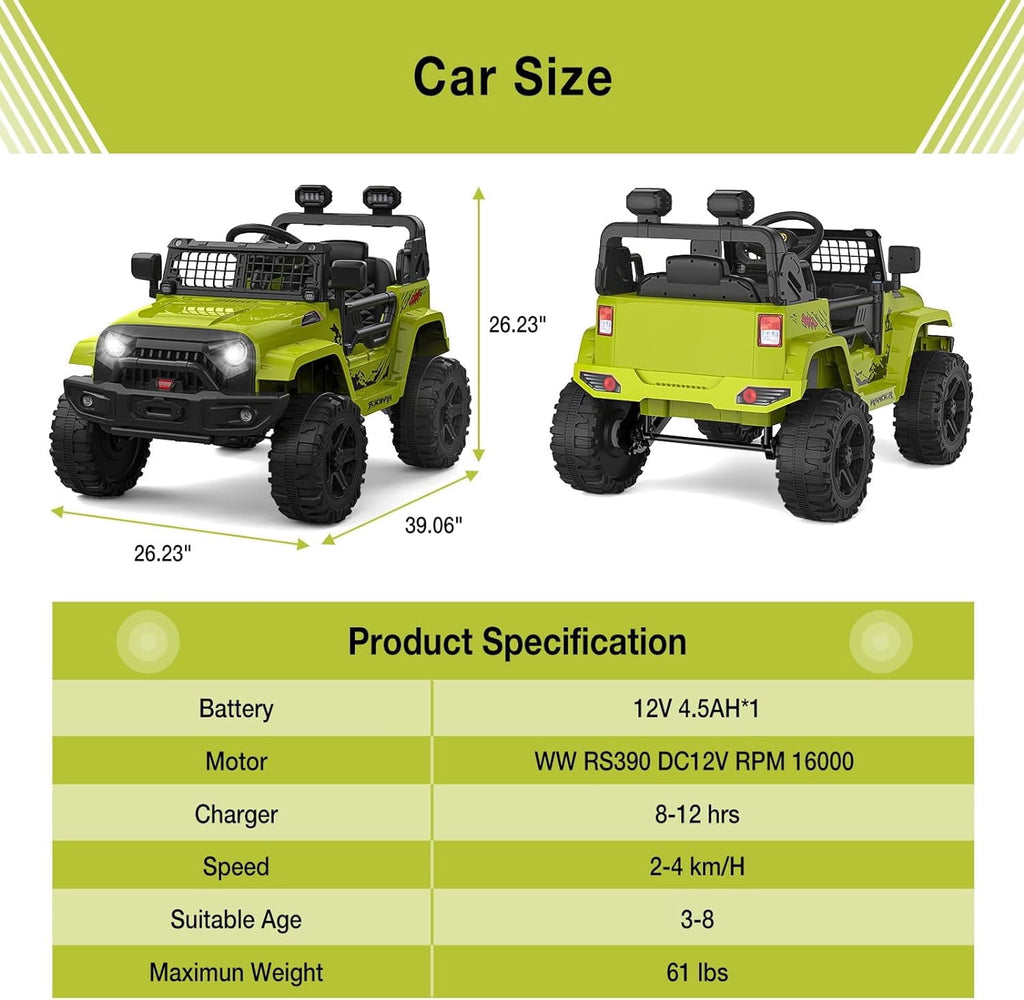 12V Electric Ride On Car with Remote Control, Off Road Ride On Vehicle with Bluetooth, LED Lights, Spring Suspension, Adjustable Seat Belt, All Terrain Tires, 61 lbs Capacity