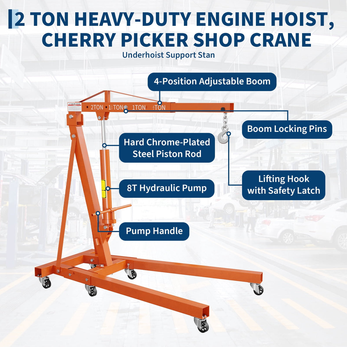 2 Ton Folding Hydraulic Engine Hoist & 3/4 Ton Underhoist Support Stand Set – Heavy Duty Steel Shop Crane, 4-Position Boom, High Reach for Automotive Engine Work, Orange (RAL2004)