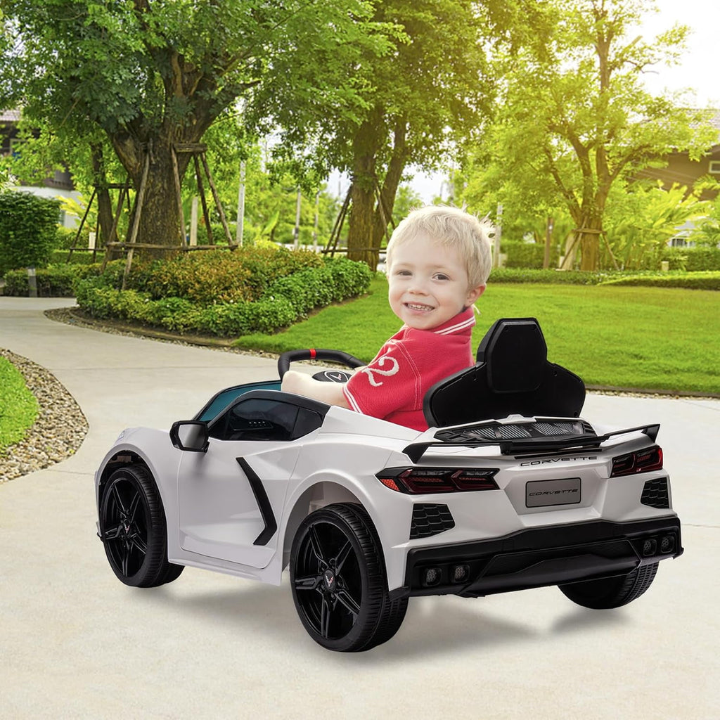 12V Licensed Corvette C8 Ride-On Electric Sports Car, Dual 30W Motors, Remote Control, LED Lights, Music, Openable Doors, 66 lbs