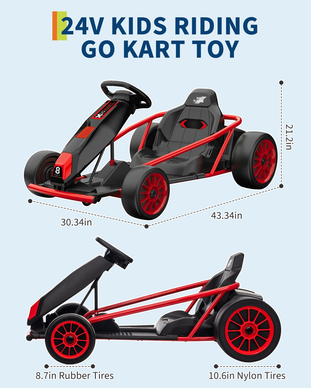 24V Electric Go Kart for Kids 8-12 - Dual 300W Motors, 9Ah Battery, 8MPH High-Speed Drifting, Slow Start, Full Metal Frame, Music, Horn, Power Display, Max Load 155Lbs, Ride-On Toy - Brown