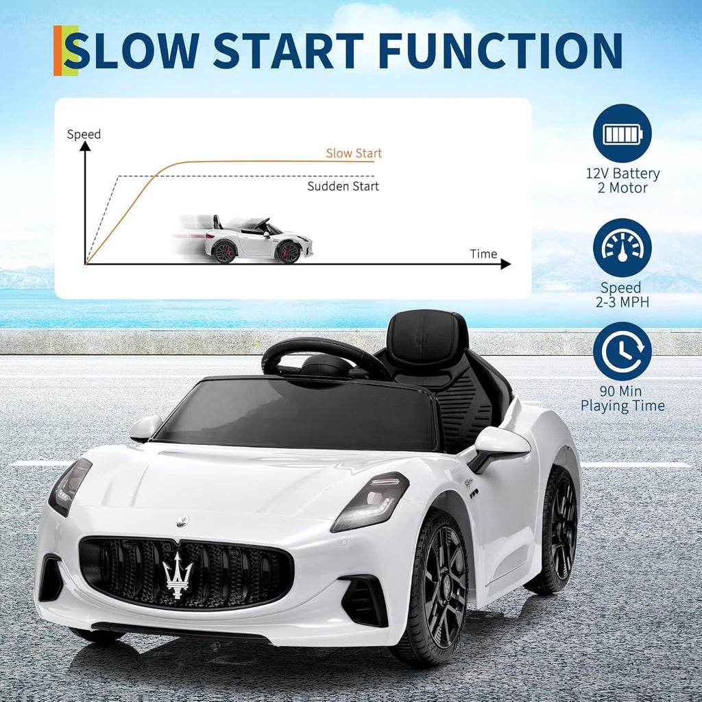12V Licensed Maserati Ride-On Electric Car, Remote Control, 4.5Ah Battery, LED Lights, Spring Suspension, Double Doors, USB, FM Radio, 2-3 MPH