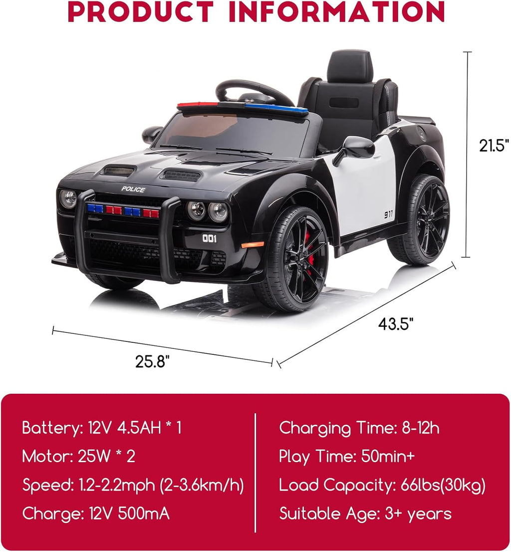 12V Licensed Dodge Challenger Electric Ride On Car, Battery Powered Vehicle with Remote Control, Dual Motors, Spring Suspension, LED Lights, Music, Ride On Toy for Outdoor Play,Police Car