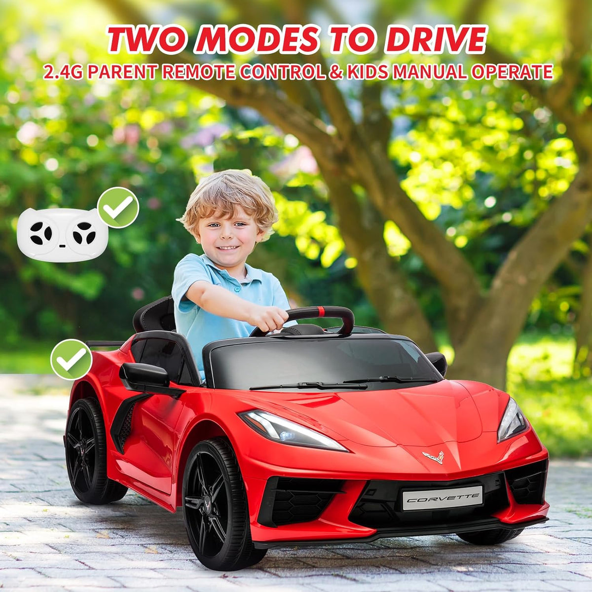12V Licensed Corvette C8 Ride-On Electric Sports Car, Dual 30W Motors, Remote Control, LED Lights, Music, Openable Doors, 66 lbs