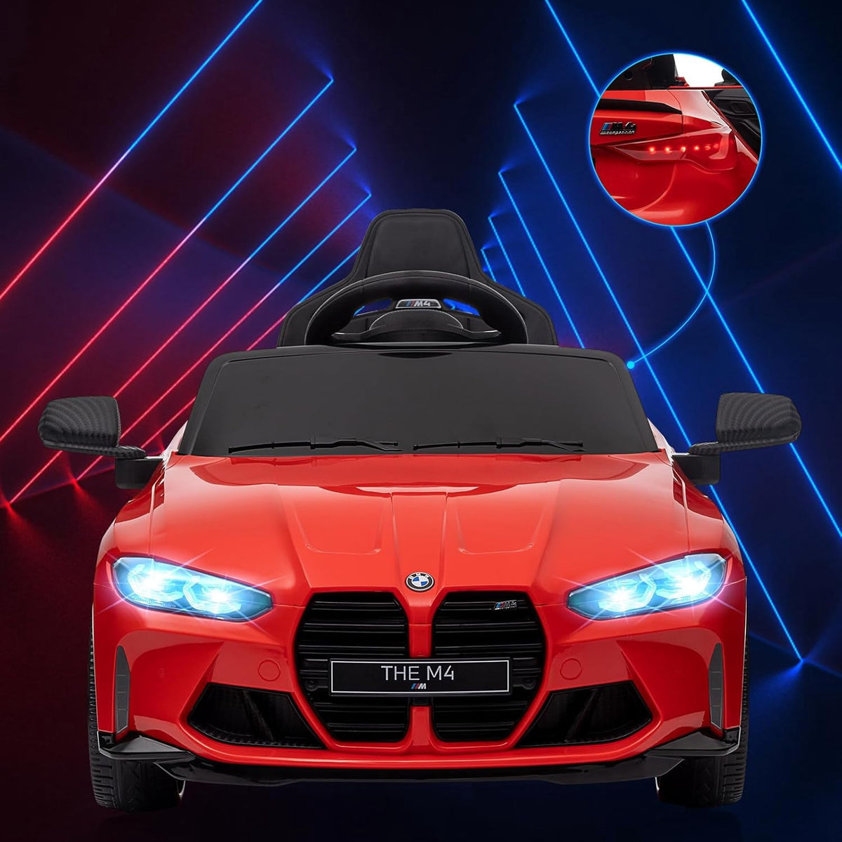 12V Licensed BMW M4 Ride-On Electric Car with Remote Control, 3 Speeds, LED Lights, Music, USB, Adjustable Seat Belt