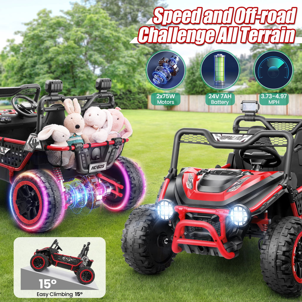 Funcid Metal Frame 24 Volt Ride on Toys, 2-Seater Ride on Cars with Remote Control, Electric Car for Kids, Power UTV Wheels with Key Start, Storage Bag, Bluetooth, Music, Spring Suspension, Pink