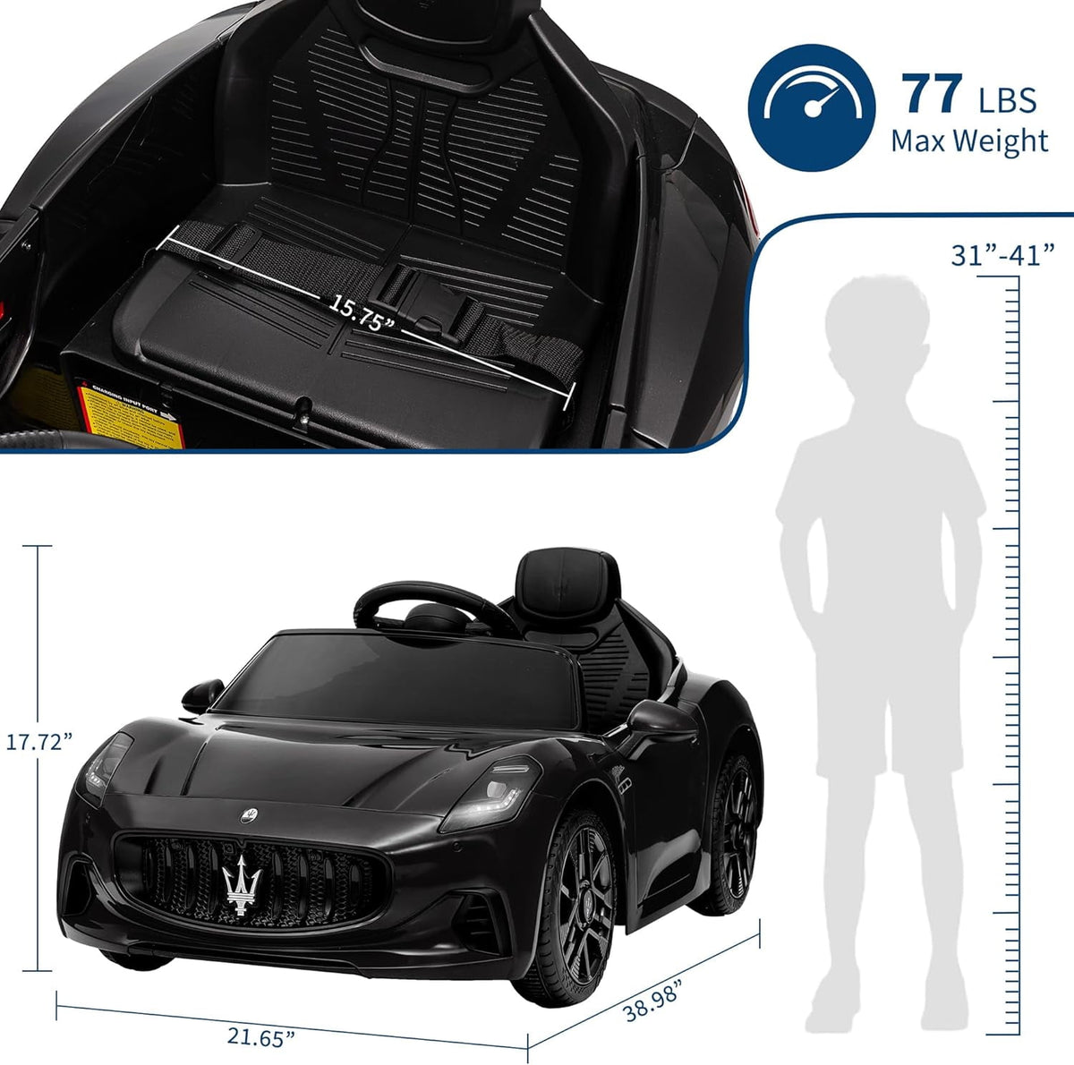 12V Licensed Maserati Ride-On Electric Car, Remote Control, 4.5Ah Battery, LED Lights, Spring Suspension, Double Doors, USB, FM Radio, 2-3 MPH