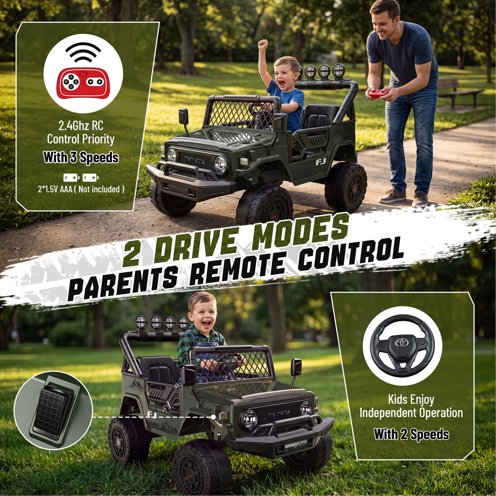 Officially Licensed Toyota FJ Ride On Toys 24V 800W, 4WD Kids Power Car Wheels for Boys Girls, 2 Seater Electric Car with Remote Control, 4 Motors, Music, LED Lights, Green