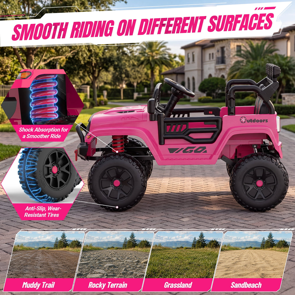 Wisairt 24V Ride on Cars, 4WD 800W Ride on Toys for Big Kids, Power Car Wheel with Remote, Kids Electric Car with 2 Seater, Music, LED Lights, Seat Belt, 3-8 Years Old, Pink