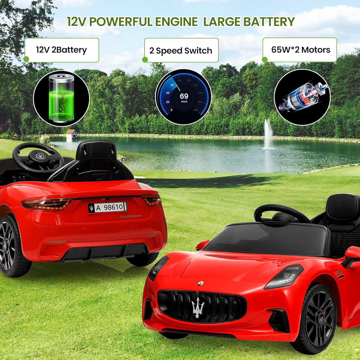 12V Licensed Maserati Ride-On Electric Car, Remote Control, 4.5Ah Battery, LED Lights, Spring Suspension, Double Doors, USB, FM Radio, 2-3 MPH