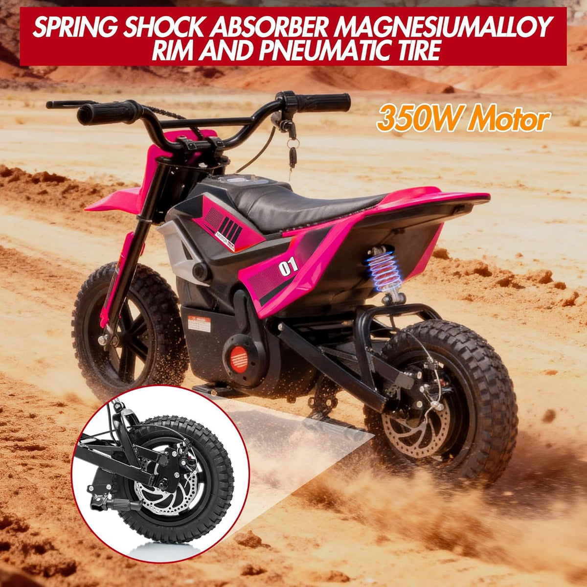 24V Electric Dirt Bike, 350W Ride-On Motorcycle with Rear Suspension, Twist-Grip Throttle, 12-Inch Rubber Tires, 13.67 MPH, 132 Lbs