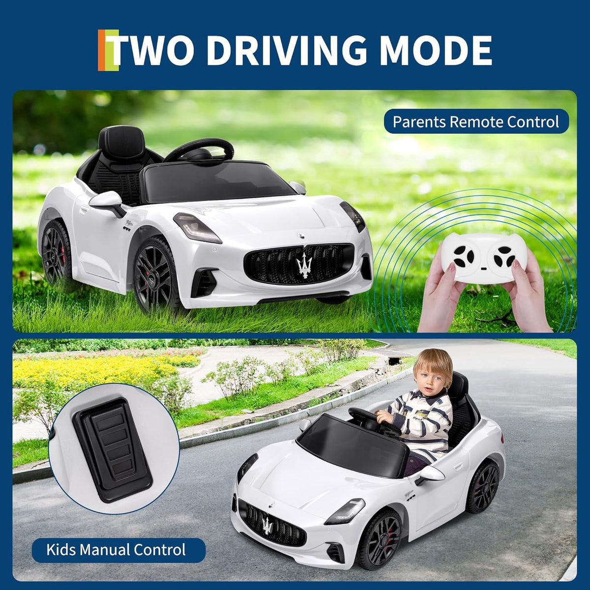 12V Licensed Maserati Ride-On Electric Car, Remote Control, 4.5Ah Battery, LED Lights, Spring Suspension, Double Doors, USB, FM Radio, 2-3 MPH