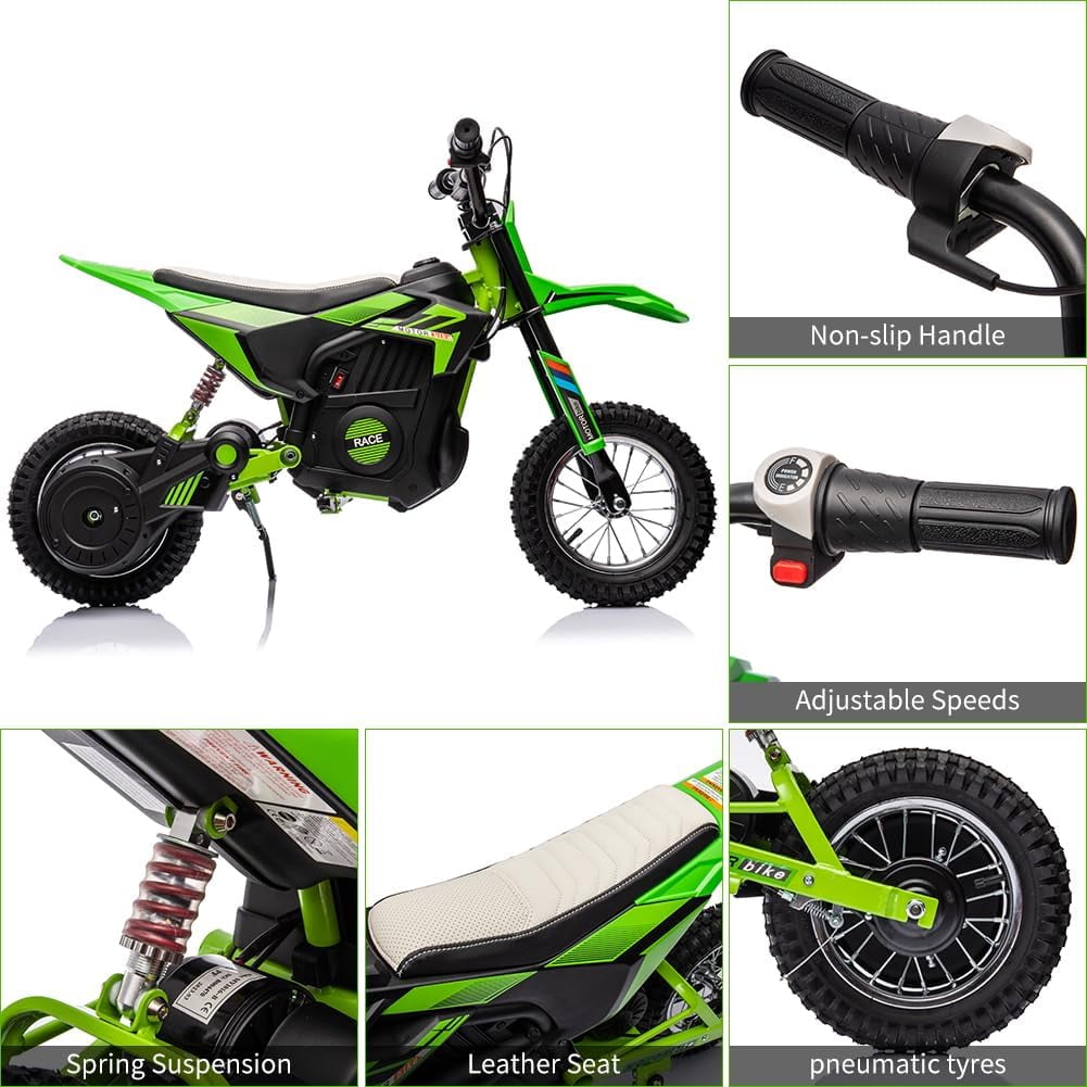 24V Electric Dirt Bike, 250W Brushed Motor, 13.6 MPH Max Speed, Chain Drive System, Disc Brake, Metal Spring Suspension, 12.6 Inch Pneumatic Tires, Leather Seat, 138 LBS Max Load,Blue