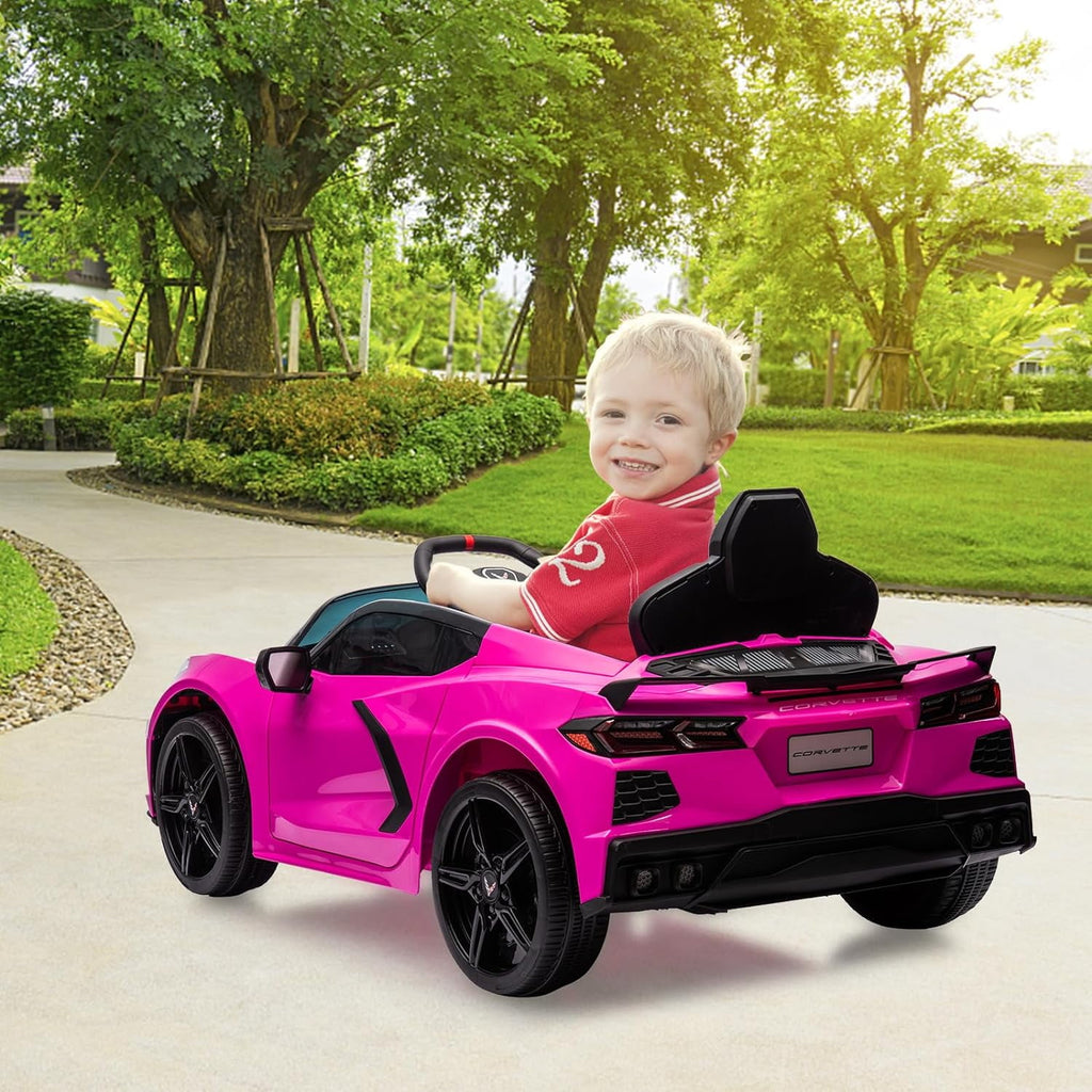 12V Licensed Corvette C8 Ride-On Electric Sports Car, Dual 30W Motors, Remote Control, LED Lights, Music, Openable Doors, 66 lbs
