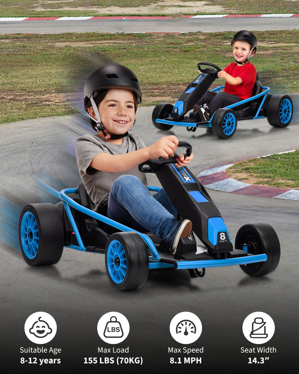 24V Electric Go Kart for Kids 8-12 - Dual 300W Motors, 9Ah Battery, 8MPH High-Speed Drifting, Slow Start, Full Metal Frame, Music, Horn, Power Display, Max Load 155Lbs, Ride-On Toy - Brown