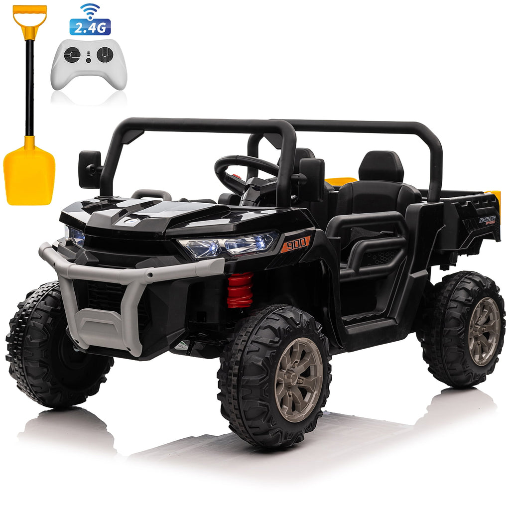 24V Ride on Dump Truck with Remote Control, 4WD Electric Car for Big Kids, 2 Seater 4*200W Motor Ride on Toy, Shovel, Music, Kids Gift, Black