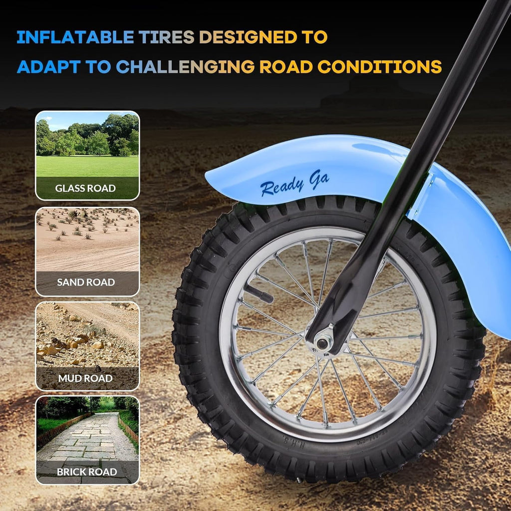 24V Electric Dirt Bike, 300W Chain-Driven Motor, Up to 15 MPH, 2-Speed, 10-Mile Range, 12" Air-Filled Rubber Tires, Leather Seat, Hand Brake, LED Lights, 150 Lbs