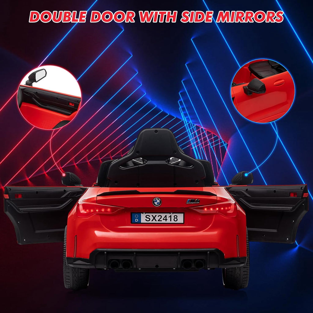 12V Licensed BMW M4 Ride-On Electric Car with Remote Control, 3 Speeds, LED Lights, Music, USB, Adjustable Seat Belt