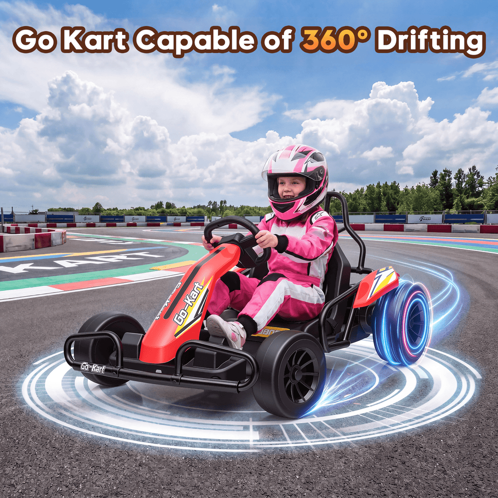 Funcid 24V 10Ah Big Battery Go Kart for Kids Age 6-12, Ride on Toys with 600W Motors, 7.5 MPH Electric Go Kart W/ EVA Wheels, 4-Level Adjustable Seat & 360° Drift Mode, LED Power Display, Red
