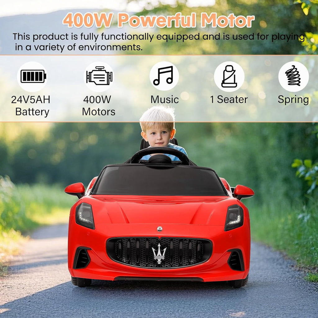 12V Licensed Maserati Ride-On Electric Car, Remote Control, 4.5Ah Battery, LED Lights, Spring Suspension, Double Doors, USB, FM Radio, 2-3 MPH