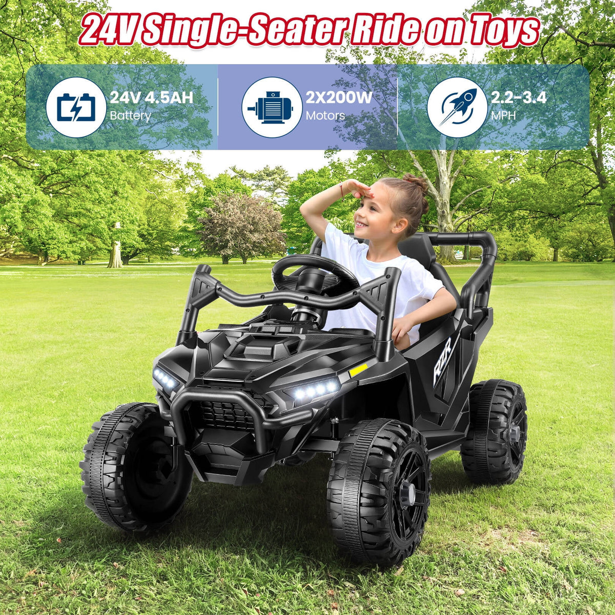 VIBESPARK 24V Ride on Toys for Kids, Ride on Cars with Remote Control, Powered Ride on Electric Car w/ Bluetooth, Music Player, LED Lights, Black