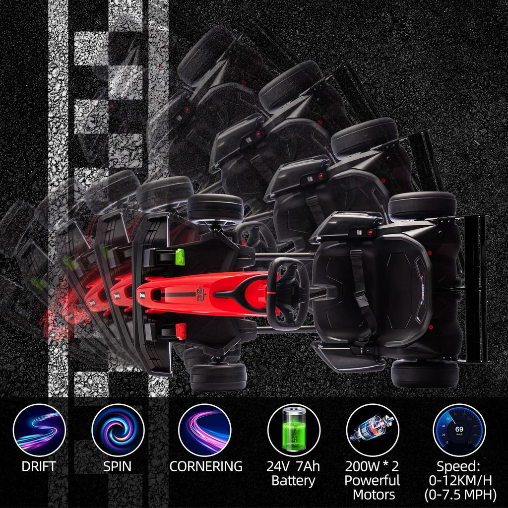 24V Kids Ride-On Go Kart, 7.5MPH High-Speed Drifting Car, Dual 200W Motors, 7Ah Battery, Adjustable Length, Max Load 135lbs, Power Display Racing Toy for Children 6+, Green