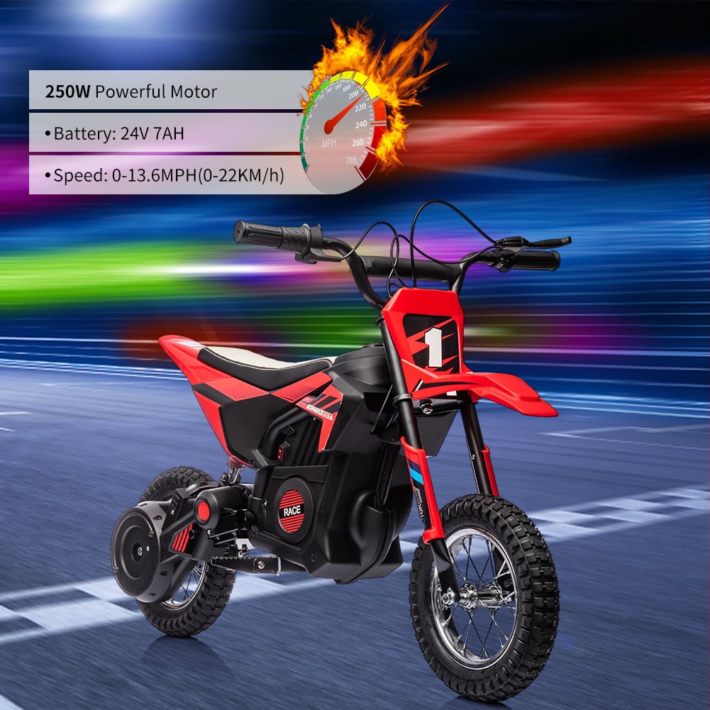 High-Speed 24V 250W Electric Off-Road Motorcycle – 13.6MPH Dirt Bike for Kids & Teens, Leather Seat, Disc Brake, Chain Drive, Air Tires, Twist Throttle, Ages 8-13, Red