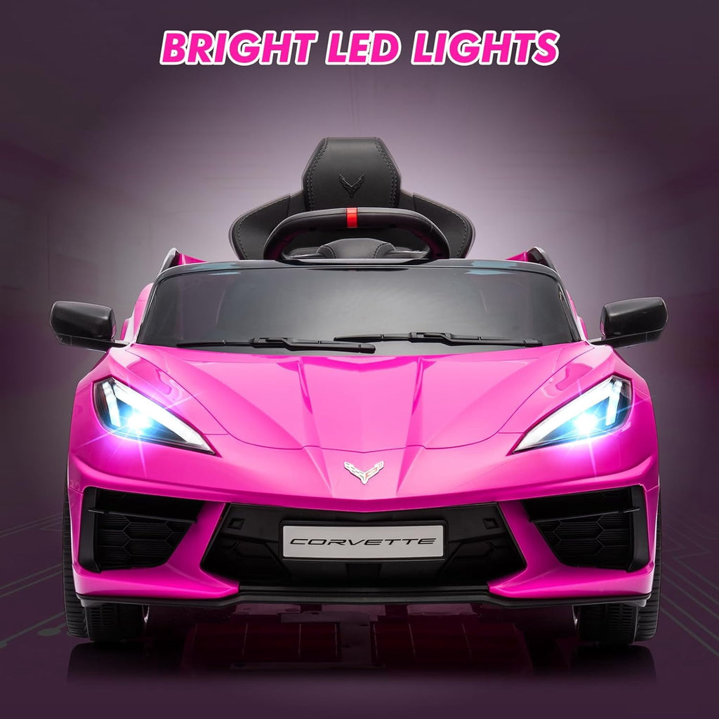 12V Licensed Corvette C8 Ride-On Electric Sports Car, Dual 30W Motors, Remote Control, LED Lights, Music, Openable Doors, 66 lbs