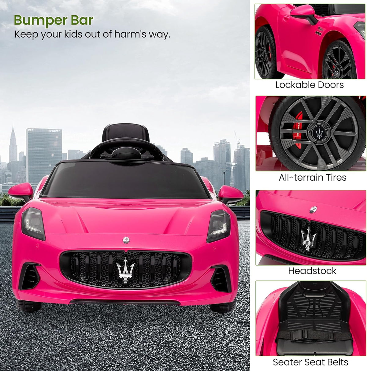 12V Licensed Maserati Ride-On Electric Car, Remote Control, 4.5Ah Battery, LED Lights, Spring Suspension, Double Doors, USB, FM Radio, 2-3 MPH