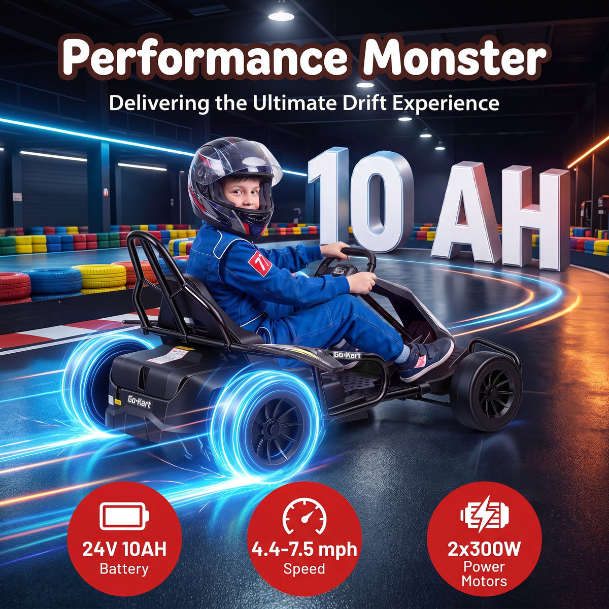 Funcid 24V 10Ah Big Battery Go Kart for Kids Age 6-12, Ride on Toys with 600W Motors, 7.5 MPH Electric Go Kart W/ EVA Wheels, 4-Level Adjustable Seat & 360° Drift Mode, LED Power Display, Red