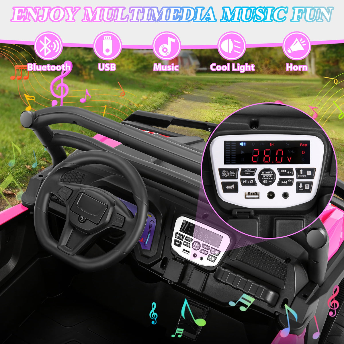 Funcid 24 Volt Ride on Toys, 2-Seater Ride on Cars with Remote Control, 400W Electric Car for Kids, Ride on UTV w/ Bluetooth, MP3, Seat Belts, Volume Adjustment, Suspension, Green