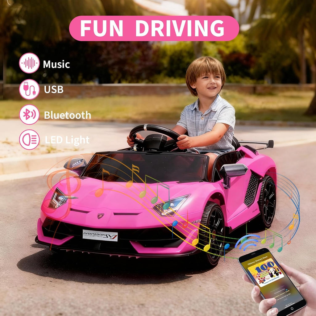 12V Licensed Sports Car Ride On Vehicle with Remote Control, Electric Ride On Car with Bluetooth, Hydraulic Swing Doors, LED Lights, Dual 25W Motors, USB/AUX/TF Audio