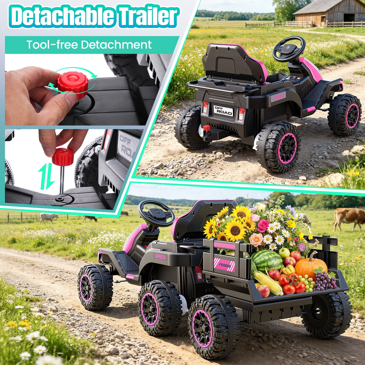VIBESPARK 24V Ride on Toys with Remote Control, 3 in 1 Ride on Car, Ride on ATV for Kids with Trailer, 6 Wheel Kids Electric Car w/ Bluetooth, MP3, Music, Black