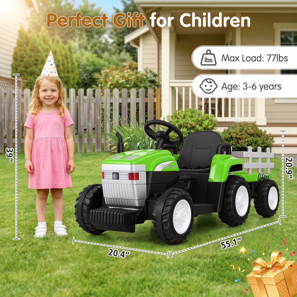 Farmdex 24V Ride on Tractor with Detachable Trailer, Ride on Toys for Kids w/ Remote Control, Electric Cars for Kids, LED Lights, Bluetooth, Music, MP3, Green