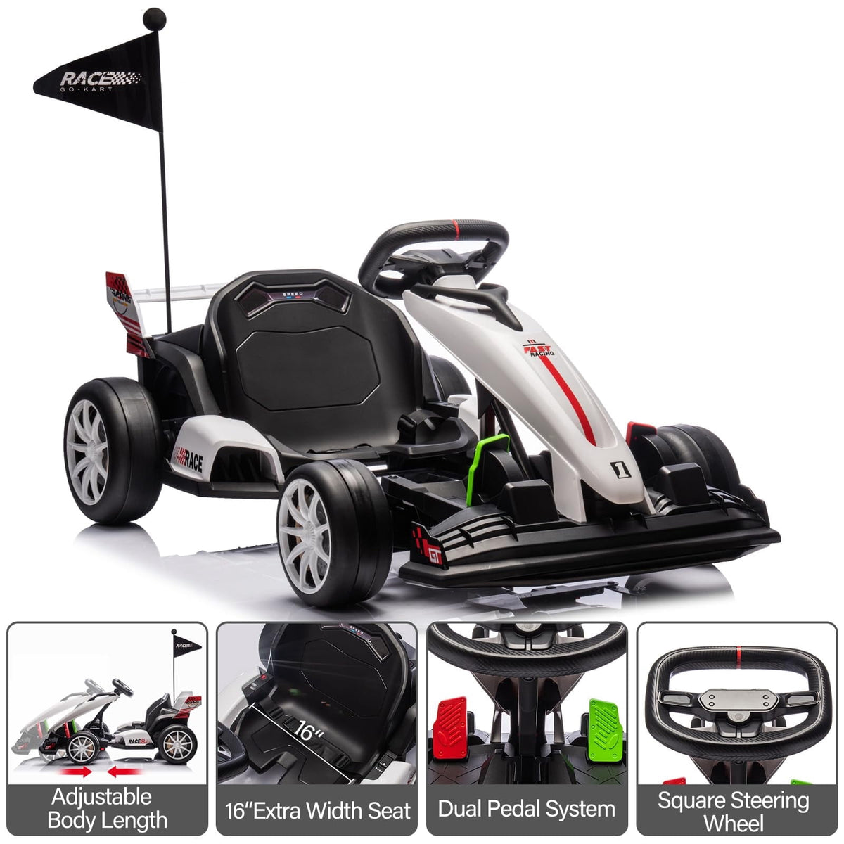 24V Kids Ride-On Go Kart, 7.5MPH High-Speed Drifting Car, Dual 200W Motors, 7Ah Battery, Adjustable Length, Max Load 135lbs, Power Display Racing Toy for Children 6+, Green