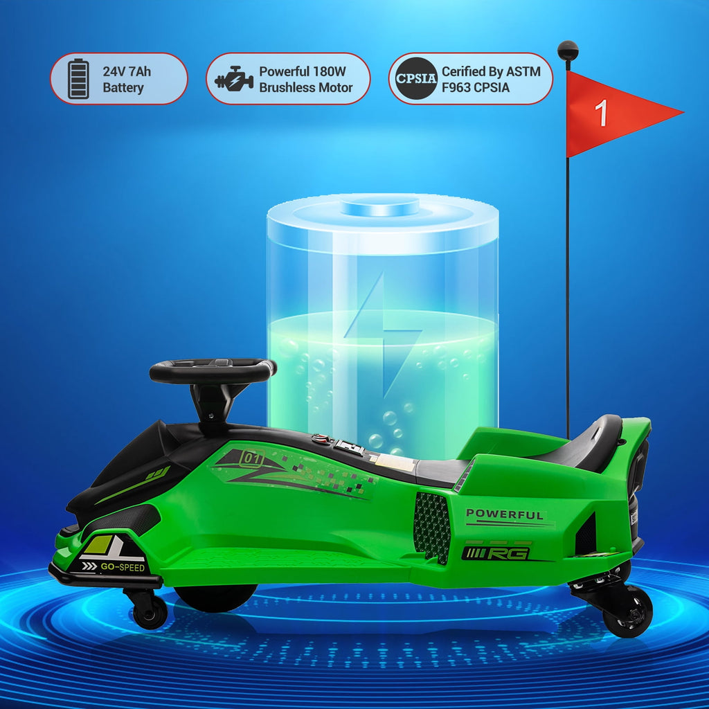 Ride On Drift Kart, Go Kart, Electric Go Kart 24V Drift Kart - 180W Brushless Motor, 7.5 mph Variable Speed, LED Light, Soft Start Battery Powered for Kids 8-12