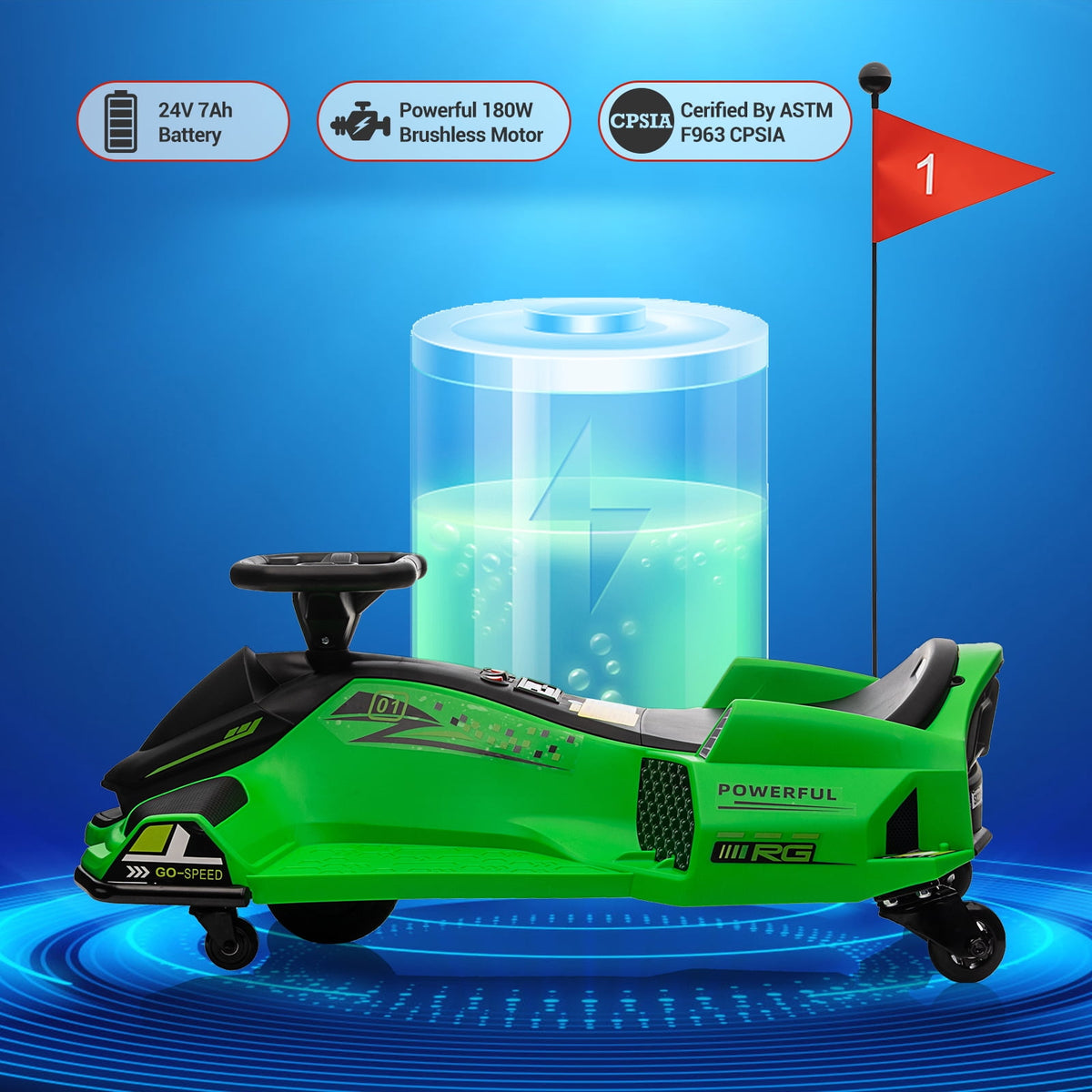 Ride On Drift Kart, Go Kart, Electric Go Kart 24V Drift Kart - 180W Brushless Motor, 7.5 mph Variable Speed, LED Light, Soft Start Battery Powered for Kids 8-12