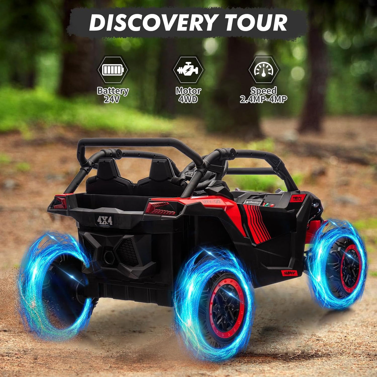 24V 2-Seater Ride On UTV for teens. Remote Control. 4x200W Motors. Bluetooth Music. LED Lights. 3 Speeds. . Safety Belt. All-Terrain Electric Vehicle,Rose Red