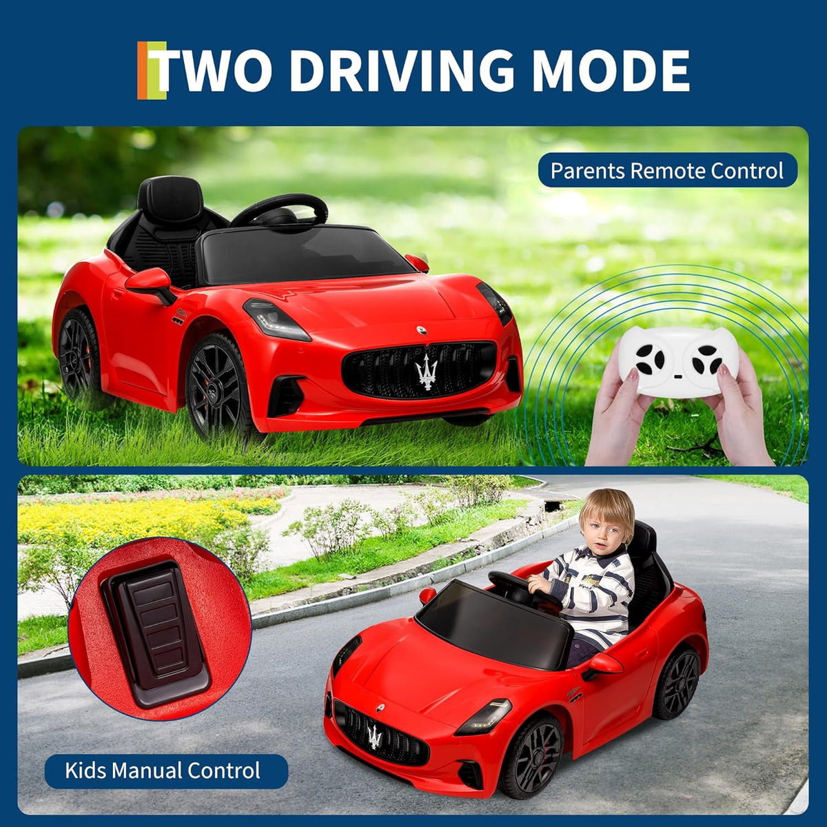 12V Licensed Maserati Ride-On Electric Car, Remote Control, 4.5Ah Battery, LED Lights, Spring Suspension, Double Doors, USB, FM Radio, 2-3 MPH