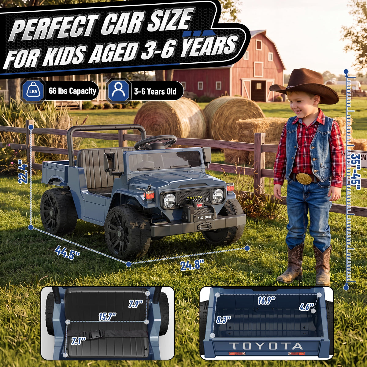 24V Ride On Dump Truck for Kids, Licensed Toyota Land Cruiser FJ45 Power Car Wheels Ride On Toy with Electric Dump Bed, Parent Remote Control, Music, LED Lights, Birthday Gift for Kids Ages 3-6, Blue