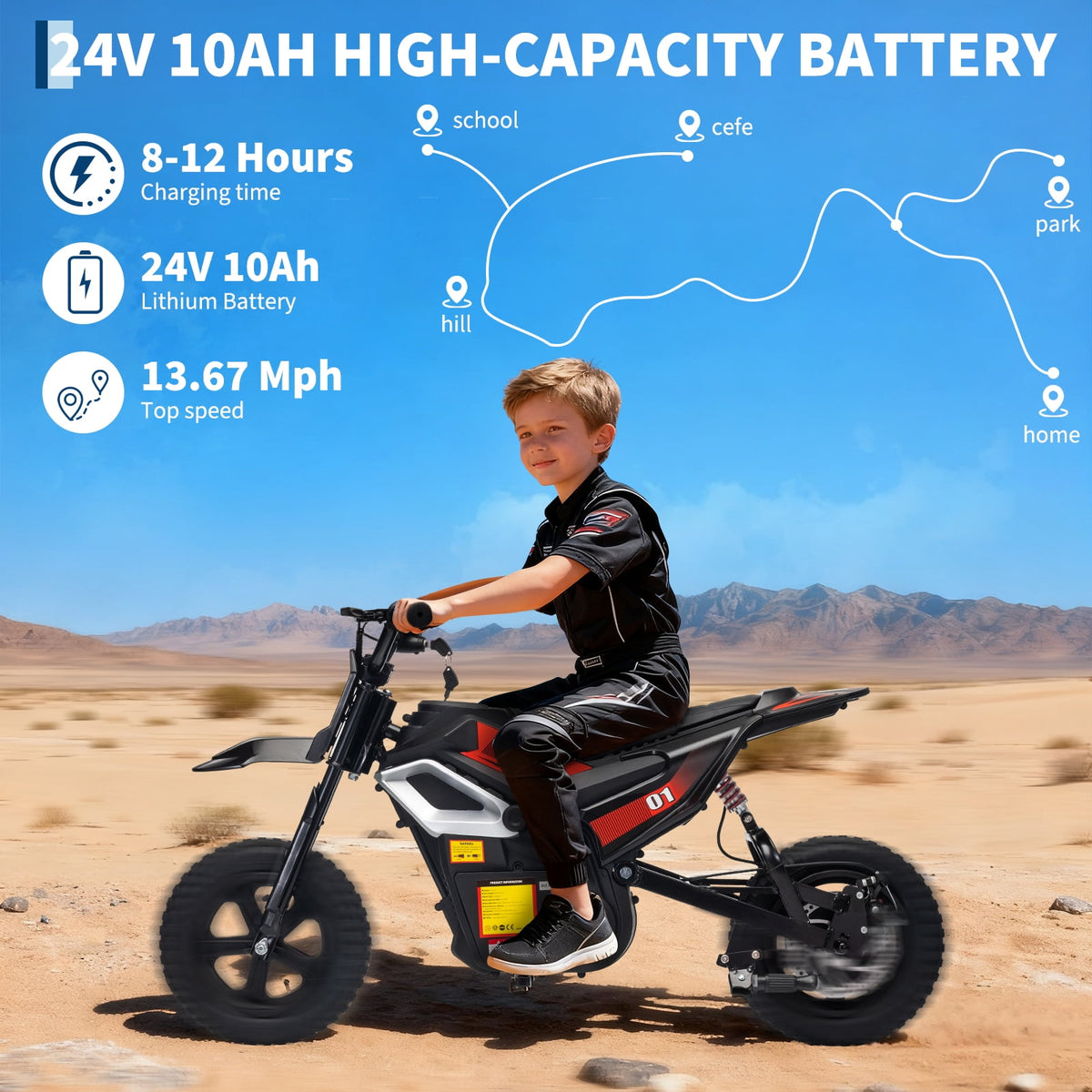 24V Kids Electric Dirt Bike, 350W Battery Powered Motorcycle with 12 Inch Fat Tires Rear Suspension Twist Throttle for Teens
