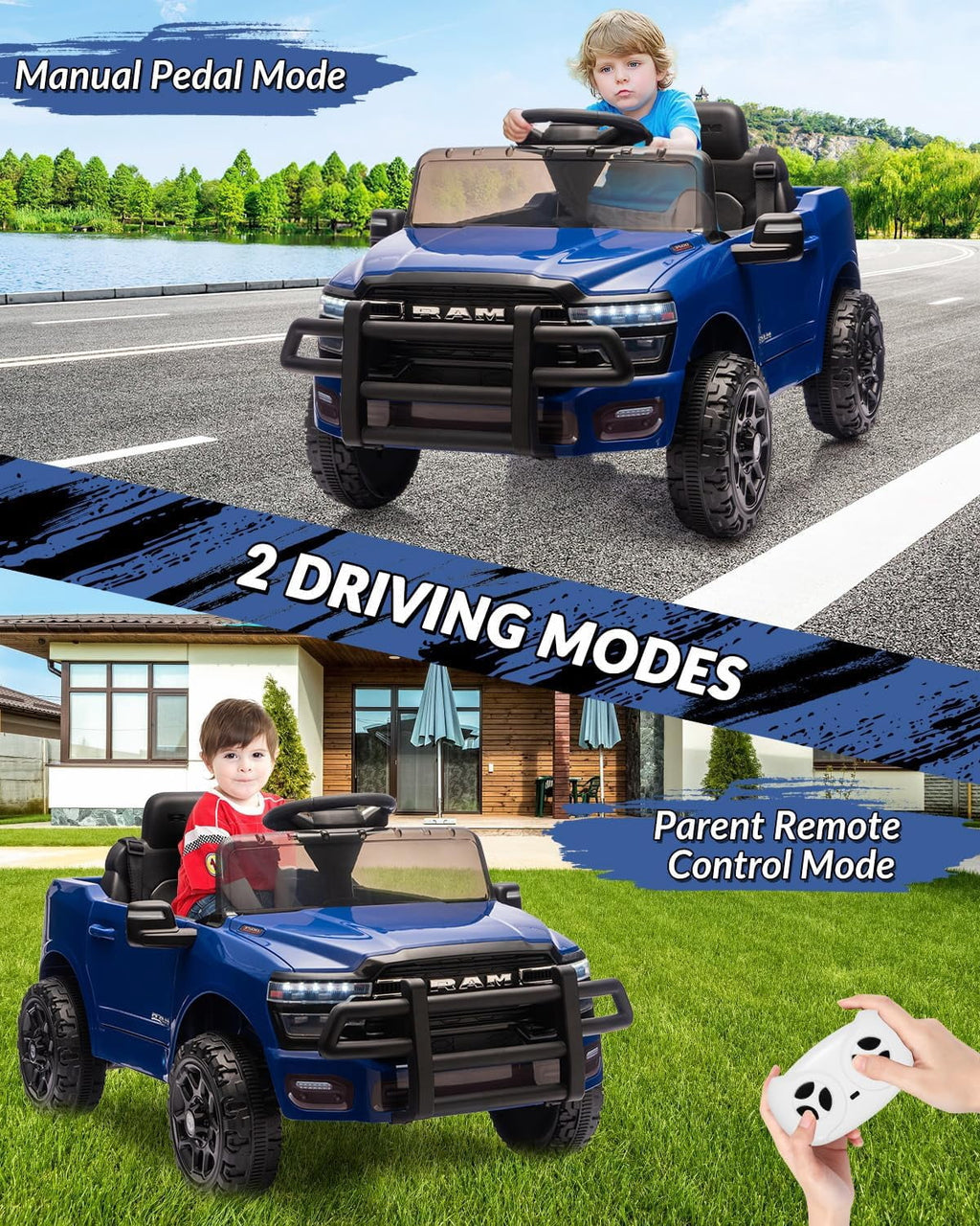 12V Licensed RAM Ride-On Pickup Truck, Electric Ride-On Car with Remote Control, 4-Wheel Suspension, Double Doors, LED Lights, Music, USB & AUX