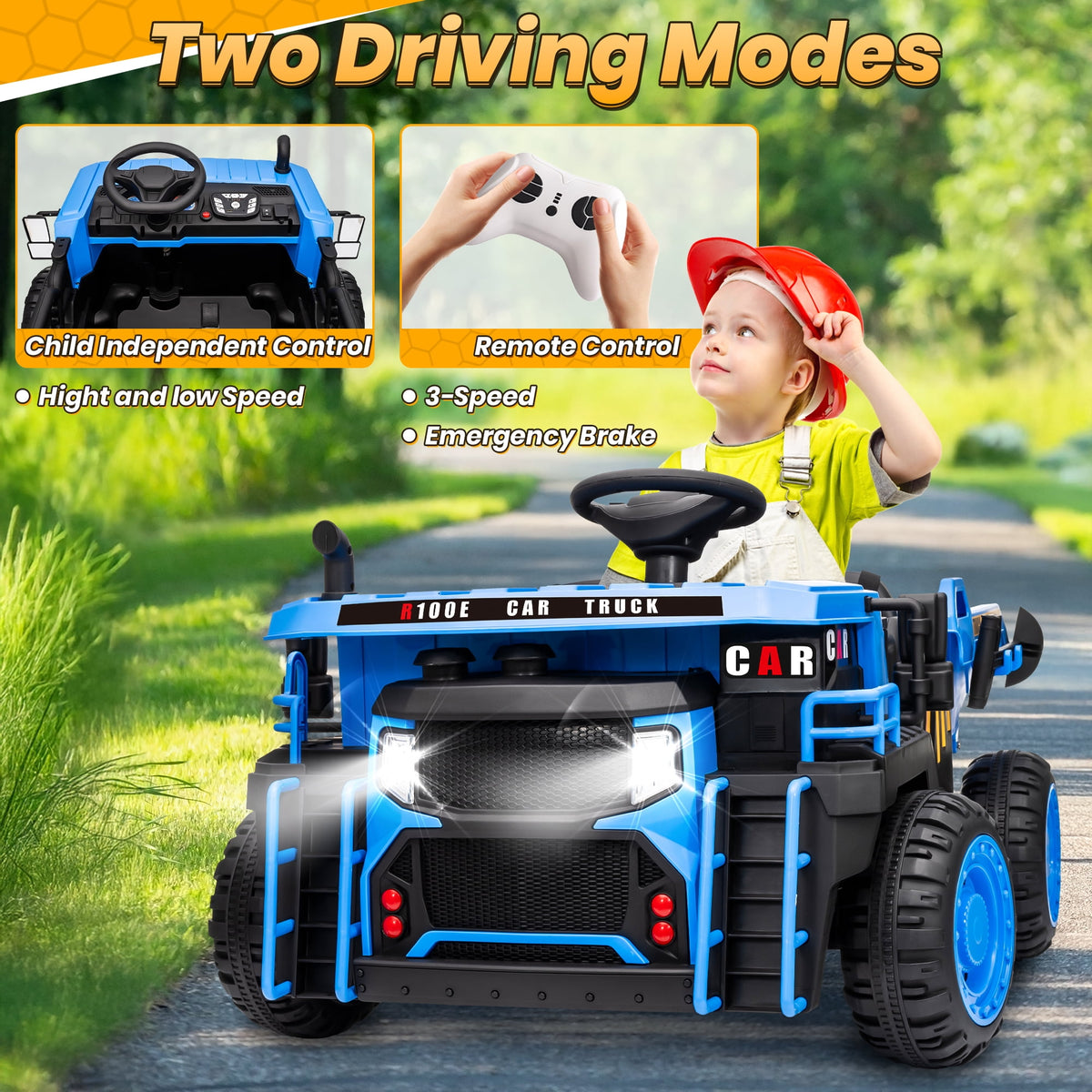 Funride 24V Ride on Toys 2 Seater Ride on Dump Truck w/ Remote Control w/ Dump Bed, 3 Speeds, Shovel, Bluetooth/Music, Big Kids, Yellow