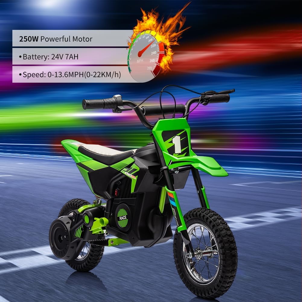 24V Electric Dirt Bike, 250W Brushed Motor, 13.6 MPH Max Speed, Chain Drive System, Disc Brake, Metal Spring Suspension, 12.6 Inch Pneumatic Tires, Leather Seat, 138 LBS Max Load,Blue