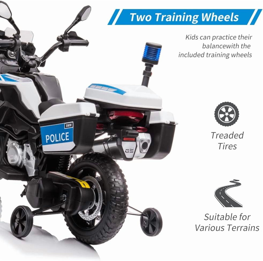 Licensed Electric Police Motorcycle Ride-On, 12V, Dual Motors, 2 Speeds, LED Lights, Spring Suspension, MP3, Training Wheels, for Ages 3-8,Police car